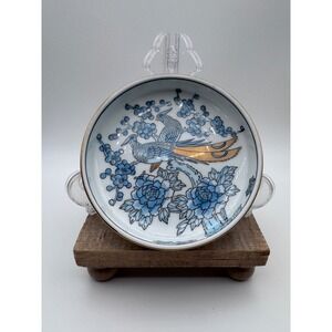 Gold Imari Hand Painted Porcelain Bird Floral Bowl Blue Gold Gilt 6 Inch